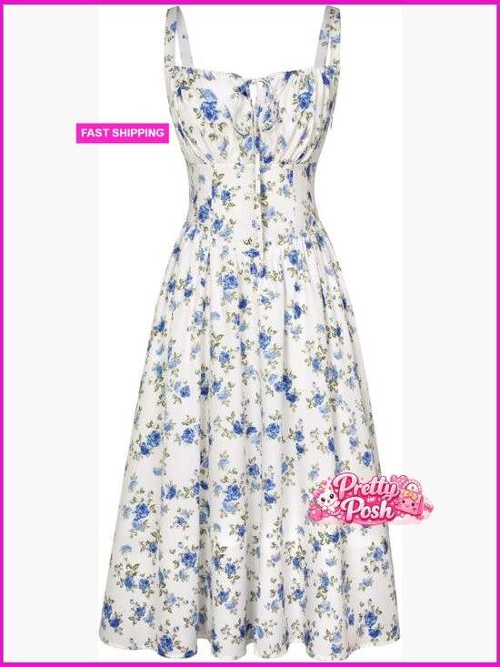 Dresses & Skirts - Floral Midi Corset Sundress with Pockets Smocked Back Summer